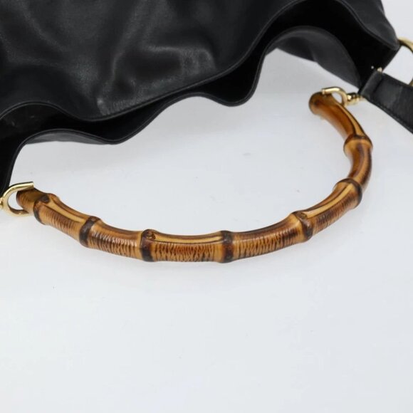 GUCCI Bamboo Hand Bag Leather 2way Black Gold - Picture 9 of 16